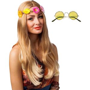 Toppers in concert - Hippie Flower Power verkleed hoofdband en ronde gele glazen party bril
