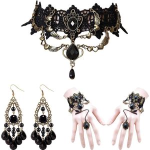 Kanten halsketting 1 armband en 1 paar oorbellen gothic steampunk retro sieraden - zwart liefdes halsketting - geschikt voor cosplay Pasen en meer - gelegeerd staal .