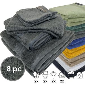 iSleep Terry Badtextiel - Voordeelset (8 delig) - 2x Washandje 16x22 cm - 2x Gastendoekje 30x50 cm - 2x Handdoek 60x110 cm - 2x Badlaken 70x140 cm - Antraciet