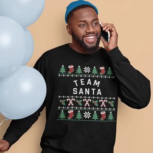 Kersttrui Candy Cane - Met tekst: Team Santa - Kleur Zwart - ( MAAT M - UNISEKS FIT ) - Kerstkleding voor Dames & Heren