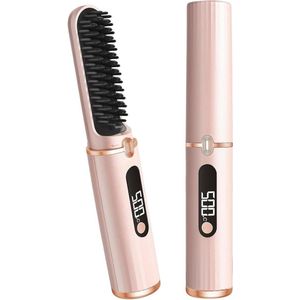 Draadloze stijlborstel - stijltang voor heren - 4 temperaturen - 140 °C - 200 °C - draagbare mini-stijlborstel voor reizen - roze
