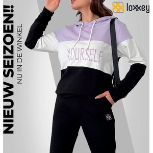 Loxxey® - Katoen - Yourself - Vrijetijdspak - Joggingpak - Huispak - Home Wear - Hoodie - Trainingspak - Tracksuit - 1 Set (2 Delig) - Dames - Maat XXL - Lila / Zwart