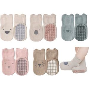 Baby Sokken - Baby Antislip Sokjes - Binnen Leren Lopen - Kindersokken - Diermotief - Voor 0-12 Maanden Baby's en Peuters - Baby Cadeau - Katoen - Multikleur - S - 5 Paar