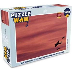 Puzzel Drie spitfire vliegtuigen bij een rode hemel - Legpuzzel - Puzzel 1000 stukjes volwassenen