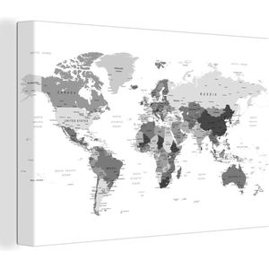 Canvas Wereldkaart - 120x80 - Wanddecoratie Abstracte wereldkaart met grijstinten - zwart wit