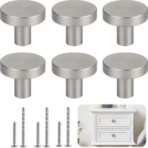6 stuks meubelknoppen, kastknoppen, kastgrepen, deurknop, ladeknoppen, 30 mm, met twee soorten schroeven, voor kast, kledingkast, ladeknop, commode deurgrepen (zilver)
