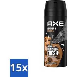 15 x Axe - Deodorant Bodyspray - 48hrs Fresh - Leather & Cookies - 150 ml - Koekjes Geur - Zink Deodorant