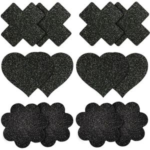 Wegwerp Tepelhoesjes - 6 Pairs Kruis Vorm Onzichtbare Tepelpastei Bloemvorm Glitter Tepelstickers Hartvorm Zelfklevende Borst Bloemblaadjes voor Vrouwen Meisjes Dames (Zwart)
