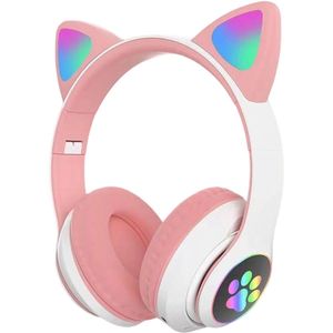 longziming Draadloze Kinder Koptelefoon – Cat Headphones met LED Oortjes – Bluetooth Hoofdtelefoon– Bluetooth 5.0 – Licht Groen – Met Verlichting – Opvouwbare opbergruimte – Roze