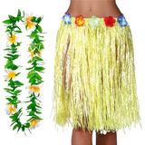 Toppers - Hawaii verkleed rokje en bloemenkrans - volwassenen - geel - tropisch themafeest - hoela