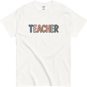 Teacher T-shirt met Patroonletters - Cadeau voor Leerkrachten - Dames en Heren - Wit - S