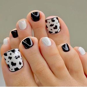 Allecto plus - 24 stuks Zwart en Wit Nep Teennagels met Luipaardpatroon - Valse Teennagels Europese Stijl - Pers Op Teennagels voor Vrouwen en Meisjes