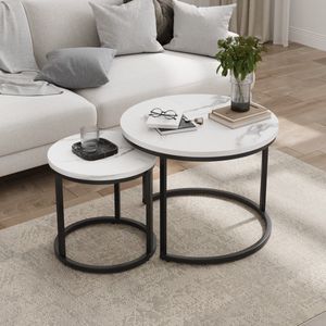 Sweiko Nesting Salontafel - Set van 2 - Rond metalen frame - Marmerlook - Wit