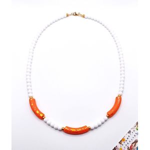 Jeannette-Creatief® - Holland - Ketting Oranje Tubekralen Witte Acrylkralen Goud- Ketting Oranje - Kralenketting - Ketting - Koningsdag