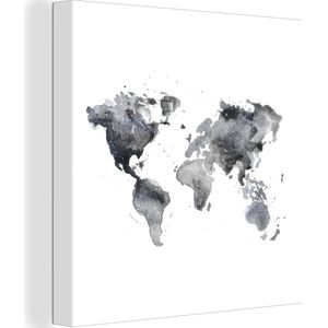 Canvas Wereldkaart - 50x50 - Wanddecoratie Wereldkaart - Waterverf - Zwart Wit