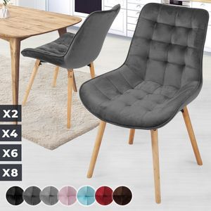 Miadomodo Eetkamerstoelen - Velvet - Fluweel - Houten Poten - Gewatteerd - Set van 2 - Donker Grijs