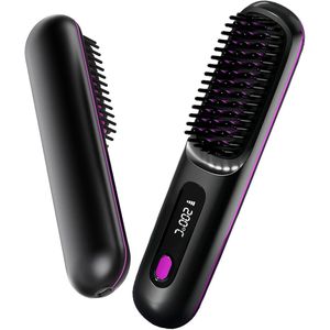 1 draadloze stijlborstel: draadloze mini-stijlborstel, oplaadbaar via USB, 3 temperatuurstanden, met LED-scherm, voor onderweg, voor op reis en pluisvrije styling (zwart)