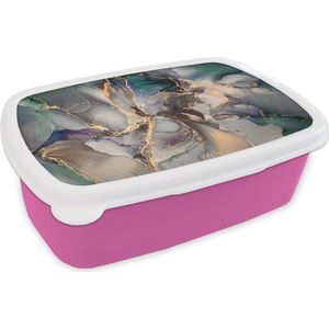 Broodtrommel Roze - Lunchbox - Brooddoos - Goud - Blauw - Marmer - 18x12x6 cm - Kinderen - Meisje