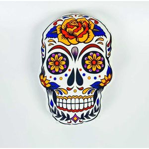 Mexicaanse Doodskop Kussen – Sugar Skull - Dia de los Muertos - Happy Halloween – Doodshoofd Oranje Roos – SierKussen - Super Zacht – Wasbaar – Decoratie – Calavera