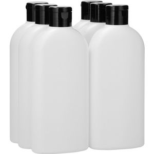 6 x 250 ml Platte fles HDPE wit + Klepdop zwart - BPA Vrij - Niet Breekbaar - Plastic Flesjes Navulbaar - Met Dop - Lege Flessen - 6 stuks.