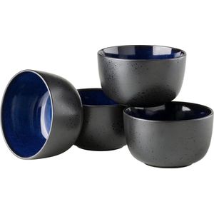 Moderne set mueslikommen met spannend vintage glazuur 4 schalen van keramiek in Scandinavisch design steengoed blauw/zwart Schalen set