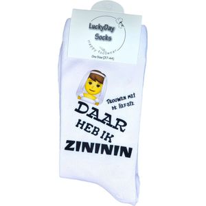 Zininin - Trouwen Sokken - Sokken bruid - Bruiloft - Huwelijk - Trouwfeest - Huwelijk - Witte sokken met tekst - grappige sokken - leuke dames sokken - Sokken waar je vrolijk van wordt - Maat 37-44