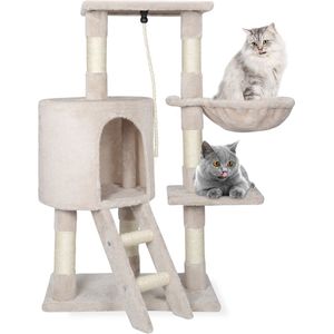 Katten Krabpaal 96cm hoog - Kleur Beige/Zalm- 2 plateaus - 1 huisje - trap - hangmat - speeltouw