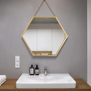 Wandspiegel met zeshoekige metalen frame, decoratieve spiegel met ketting, make-upspiegel, make-upspiegel voor badkamer, woonkamer, slaapkamer (L)