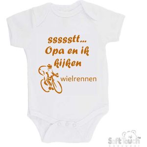 100% katoenen Romper ""ssssstt... Opa en ik kijken wielrennen"" Unisex Katoen Wit/tan Maat 62/68