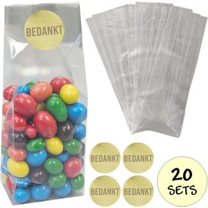 20x Uitdeelzakjes Met Sluitstickers - 20 Stickers & 20 Zakjes - Blokbodemzakjes - Cellofaanzakjes - Traktatie Blokbodem Zakjes - 80 x 50 x 250mm - 20 Sets - Bedankt - 40mm