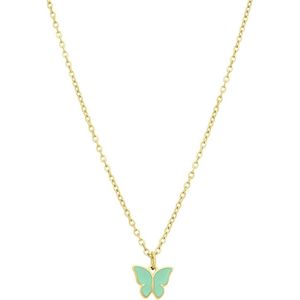 Lucardi Kinder Stalen goldplated ketting met vlinder mint - Ketting - Staal - Goudkleurig - 40 cm