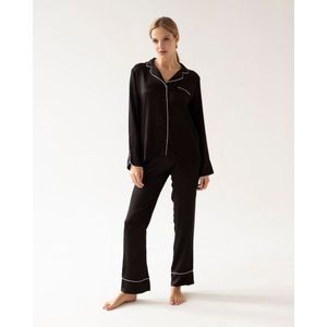 Dames pyjama Charlotte-satijn-lange mouwen & broek-witte accenten-zwart-maat M