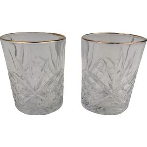 Whiskey / Water glazen met gouden rand - Set van 2 - Transparant - 230 ml - Crystal Shape Glass