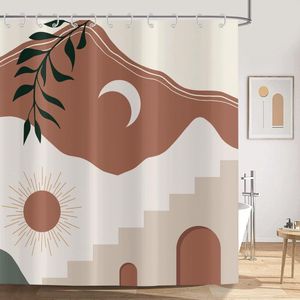 Douchegordijn Boho 180x180 cm, moderne abstracte kunst zon maan bladeren beige bad douchegordijnen wasbaar polyester textiel waterdicht douchegordijn voor badkuip met 12 douchegordijnhaken