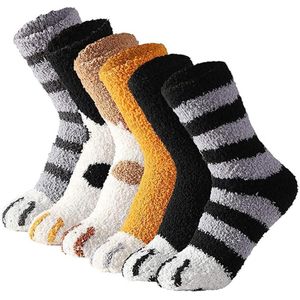 6 Paar Kattenpoten Sokken - Warme Winter Sokken Dames - Dames Pluche Sokken - Sokken Dames - Huissokken - Slaapsokken - Fluffy Sokken - Kat Klauw - Pluche sokken met kattenpoten - Schattige Dierensokken - Dikke warme - Koraalfleece - One size
