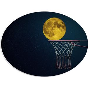 PVC Schuimplaat Ovaal - Maan met Gele Gloed in Basketbal Net - 40x30 cm Foto op Ovaal (Met Ophangsysteem)