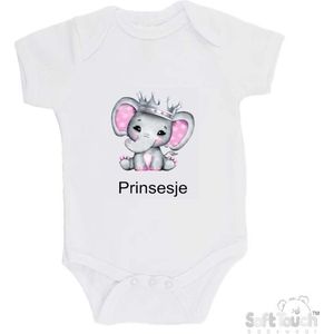 100% katoenen Romper Olifant met Kroontje Prinsesje Katoen Wit Print Zwart Maat 56/62