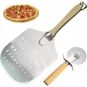 Geperforeerde pizzaschep en pizzasnijset, 30,5 cm geperforeerd, pizzaschep van aluminium, pizzaroller roestvrij staal snijmes, voor zelfgemaakte pizza