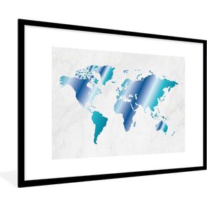 Fotolijst incl. Poster - Wereldkaart - Blauw - Marmer - 90x60 cm - Posterlijst