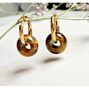 Gouden Oorringen met hanger van tijgeroog - Dames oorbellen - Edelstenen sieraad -