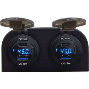ProRide 12V USB/USB C Autolader 4 Poorten Opbouw met Schakelaar en Wattagemeter - 45W - QC3.0 - Complete set - Blauw
