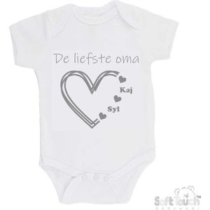 100% katoenen Romper ""De liefste oma met de namen van 2 kleinkinderen"" Unisex Katoen Wit/grijs Maat 56/62