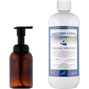 Zeepdispenser 300 ml amber bruin hervulbaar + 1 liter Handzeep Crème Eucalyptus navulling