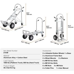 Steekwagen - Steekkar - Traploper - Transportwagen - Draagvermogen 454 kg - Vouwbare Handtruck - Aluminium Zware Industriële Dolly Kar - voor Transport en Verhuiswerk - Zilver