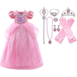 Prinsessenjurk meisje - Prinses - Roze - 98(100) + Tiara (Kroon) / Toverstaf + Juwelen + Handschoenen - verkleedkleren