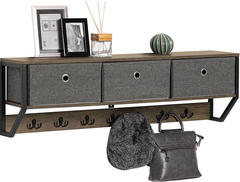 SoBuy - FHK26-N - Wandkapstok - Metaal en Hout - 100x20x30cm - Met 3 Manden en 7 Haken