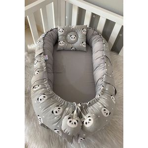 Jaju Baby - Babynestje en Hoofdkussen - Organische Katoen - Antibacterieel Babynestje - Anti-Allergisch Babynestje - Grijs en Panda Patroon - 74 x 40 cm