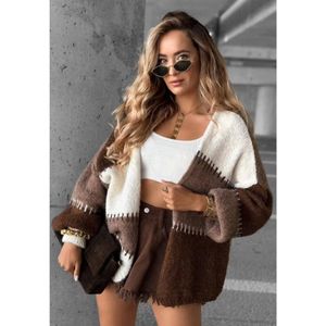 Donker Bruin Colorblock Vest - Drie Kleurige Wollen Vesten - Trendy Open Dames Vesten - Licht Bruin/Donker Bruin/Off-White