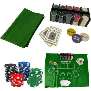 Cheqo® Pokerset met 200 Pokerchips - Met Speelkaarten - Pokertafel - Pokermat - Dealer Chips - Voor 6 Spelers - 60x44cm