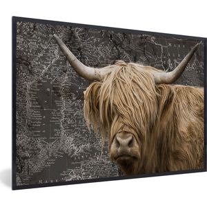 Fotolijst incl. Poster - Schotse hooglander - Wereldkaart - Dieren - 120x80 cm - Posterlijst